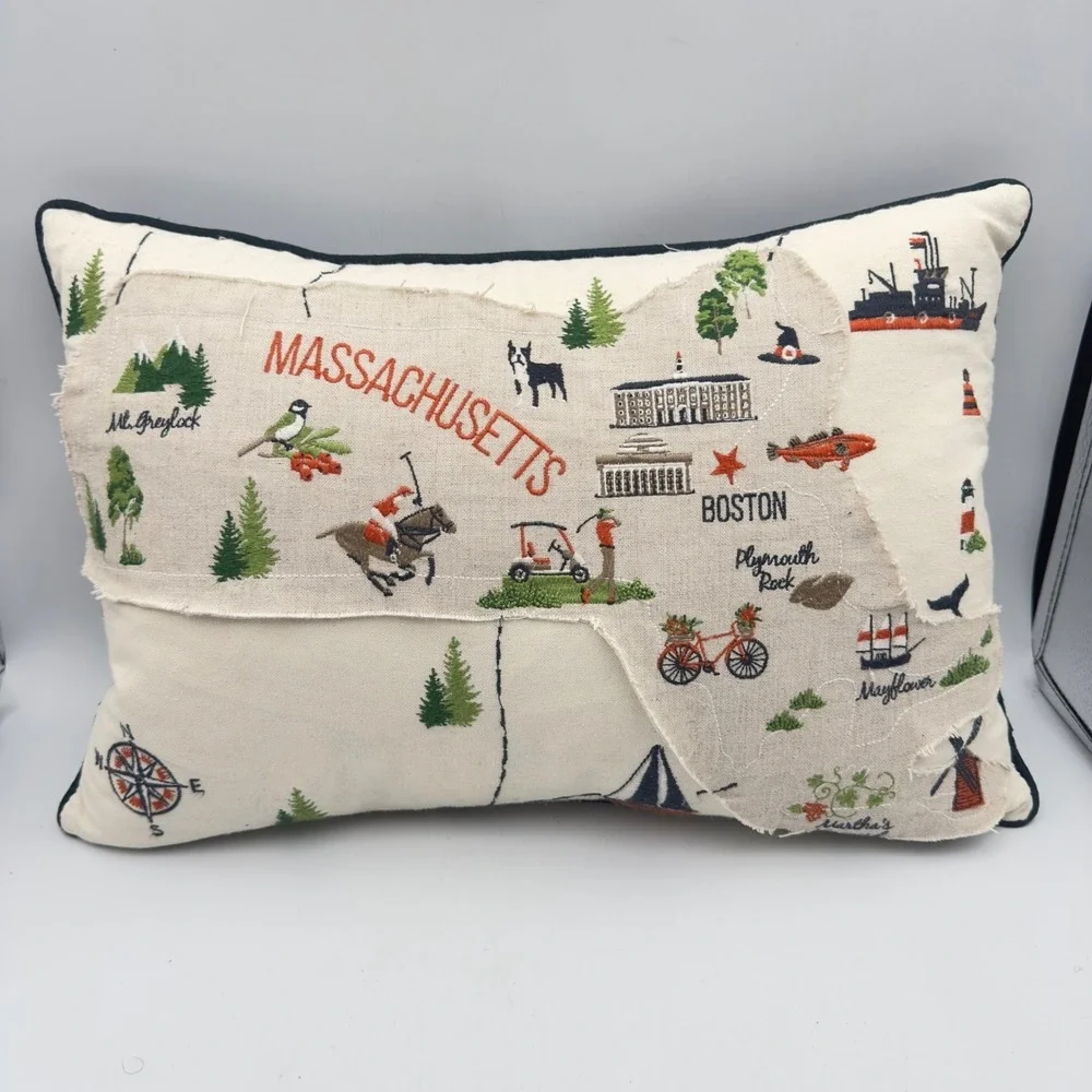 Massachusetts State Map Embroidered Canvas Throw Pillow Boston Plymouth 18x12